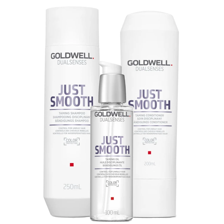 Goldwell Dualsenses Just Smooth - Zestaw do Włosów Niezdyscyplinowanych - Szampon  250ml + Odżywka 200ml + Olejek 100ml (1).webp