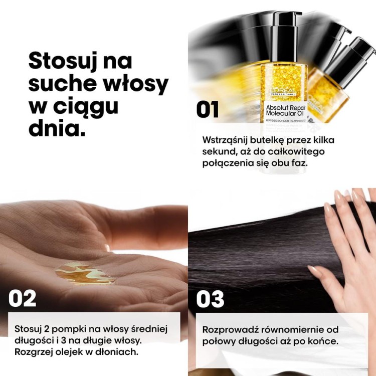 LOreal Absolut Repair Molecular Oil – Dwufazowy Olejek do Włosów Zniszczonych 90 ml aplikacja.jpg