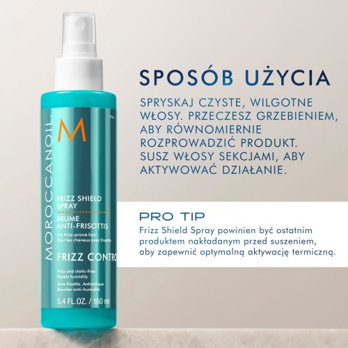 Moroccanoil Frizz Shield Spray - Wygładzający Spray Zapobiegający Puszeniu 160ml sposób użycia.jpg