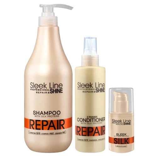 Stapiz Sleek Line Repair - Zestaw Regenerujący - Szampon z Pompką 1000ml + Odżywka Dwufazowa 200ml + Serum 30ml.webp