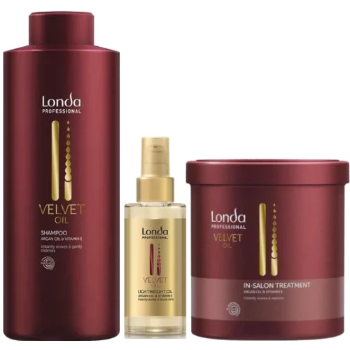 Londa Velvet Oil Argan Oil & Vitamin E - Odżywczy Zestaw Nawilżający z Olejkiem Arganowym - Szampon 1000ml + Maska 750ml + Olejek 100ml.webp