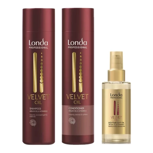 Londa Velvet Oil Argan Oil & Vitamin E - Odżywczy Zestaw Nawilżający z Olejkiem Arganowym - Szampon 250ml + Odżywka 250ml + Olejek 30ml (1).webp