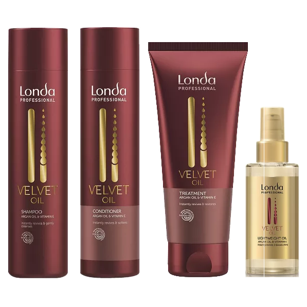 Londa Velvet Oil Argan Oil & Vitamin E - Odżywczy Zestaw Nawilżający z Olejkiem Arganowym - Szampon 250ml + Odżywka 250ml + Maska 200ml + Olejek 30ml (1).webp
