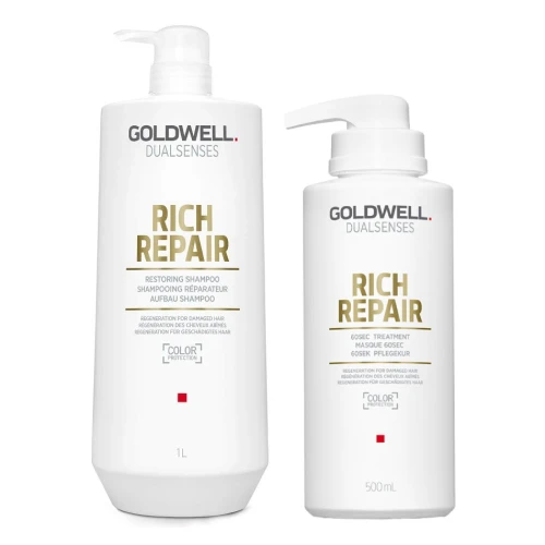 Goldwell Dualsenses Rich Repair - Zestaw do Włosów Zniszczonych - Szampon 1L + Maska 0,5L + POMPKI.webp
