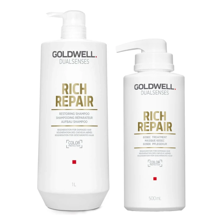Goldwell Dualsenses Rich Repair - Zestaw do Włosów Zniszczonych - Szampon 1L + Maska 0,5L + POMPKI.webp