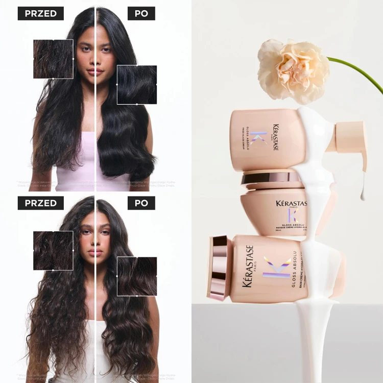 Kérastase Gloss Absolu Frizz - Glaze Cream - Wygładzający Krem do Grubych Włosów 240ml przed i po.jpg
