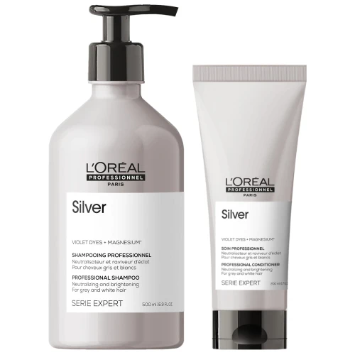 LOréal Professionnel Silver - Zestaw do Włosów Siwych i Rozjaśnianych - Szampon 500 ml + Odżywka 200 ml.webp